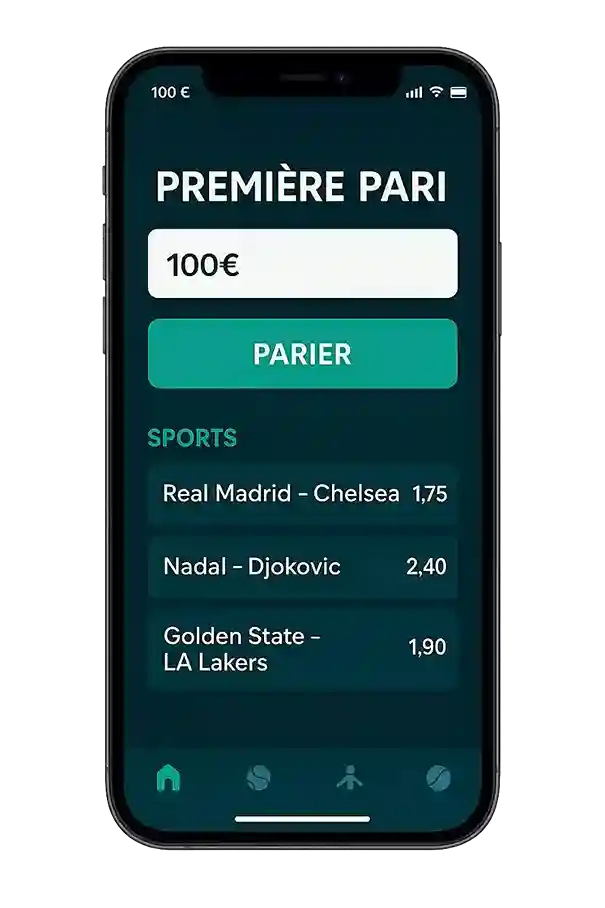 Interface d'application mobile pour paris sportifs montrant un premier pari de 100 euros