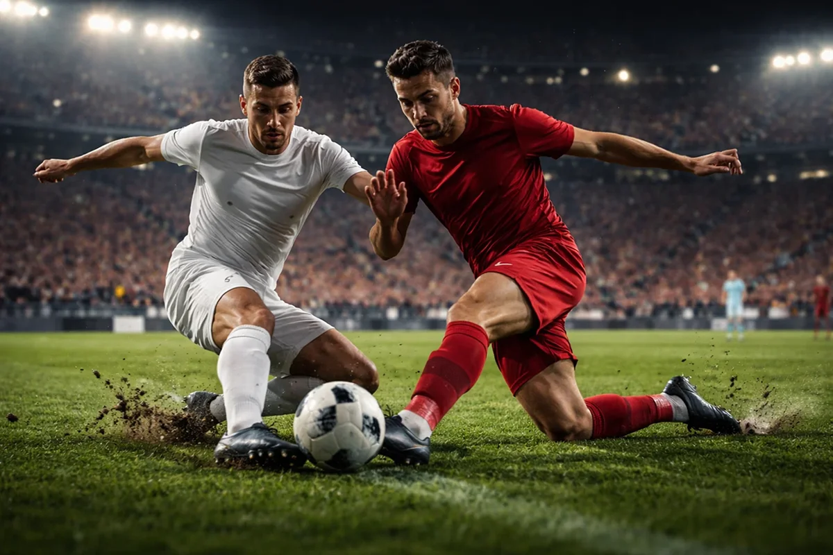 Action de football dans un stade européen