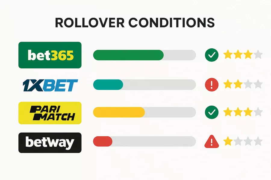 Tableau comparatif des conditions de rollover chez les différents bookmakers français - Évaluation avec étoiles et indicateurs
