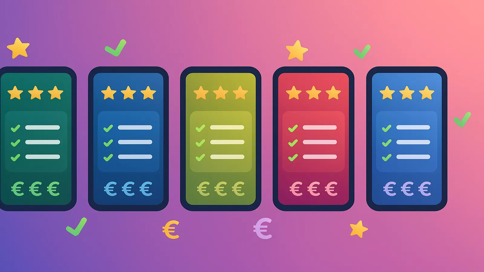 Comparaison des meilleurs bookmakers en France - Smartphones avec étoiles et symboles euros