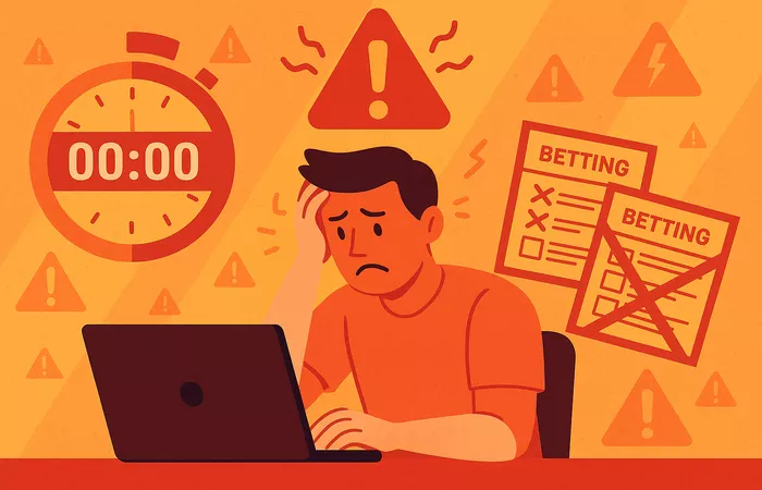 Illustration des erreurs communes dans le rollover - Personne stressée devant ordinateur avec timer et signaux d'alarme