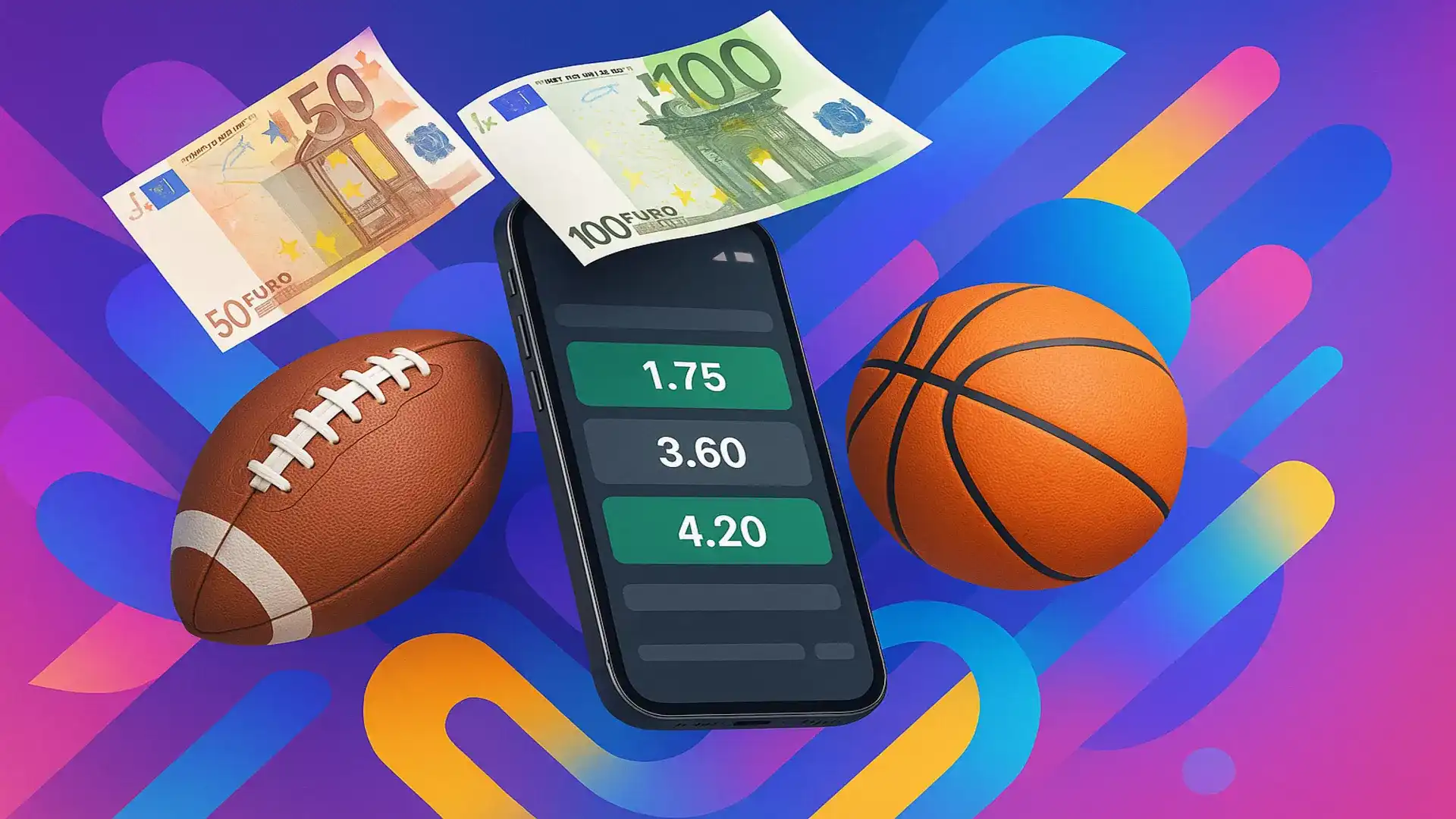 Bonus Paris Sportif - Hero Banner avec smartphone, billets d'euros et équipements sportifs