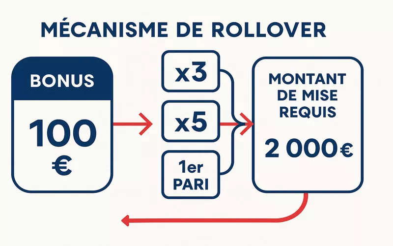 Infographie expliquant la mécanique du rollover - Transformation d'un bonus de 100 euros avec multiplicateurs x3 et x5