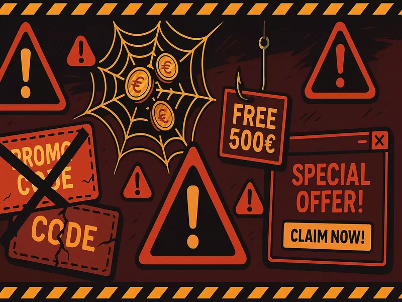 Illustration d'avertissement montrant les pièges des faux codes promo et sites arnaque à éviter