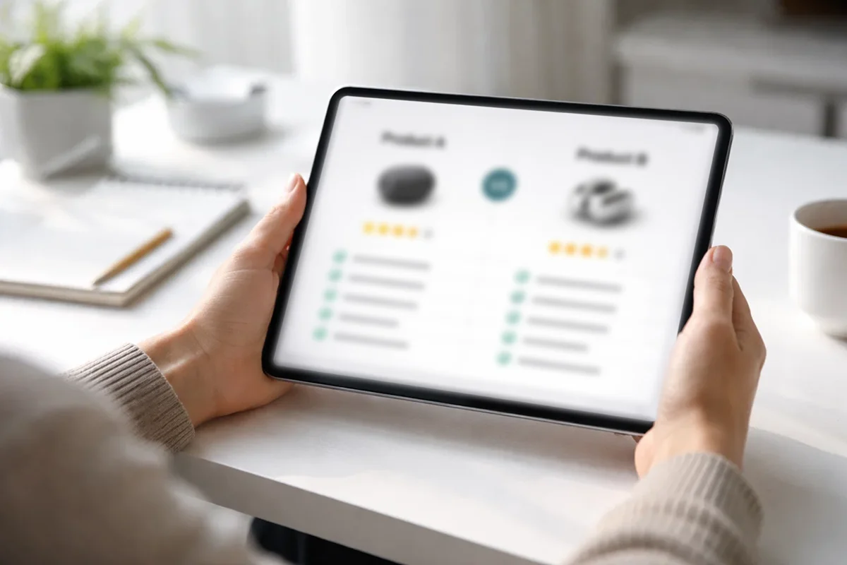 Personne comparant des offres sur tablette