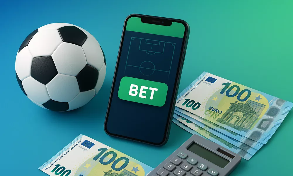 Illustration des paris sportifs avec remboursement du premier pari - calculatrice, argent et application mobile