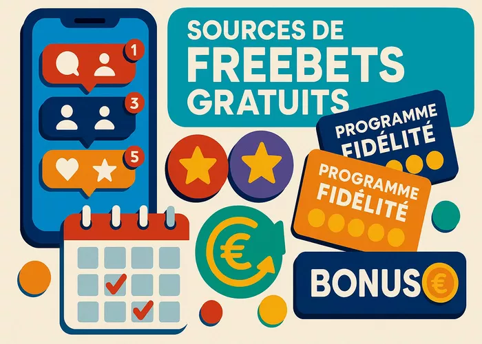 Collage des différentes sources de freebets : réseaux sociaux, programmes de fidélité, missions et cashback
