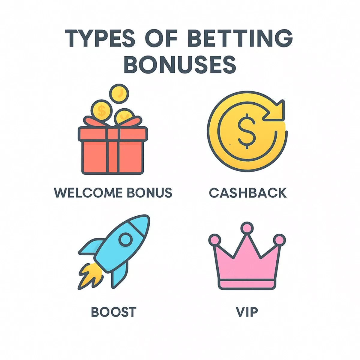 Types de bonus paris sportifs - Infographie montrant bonus de bienvenue, cashback, boosts et VIP