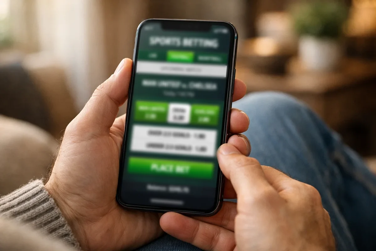 Personne utilisant une application de paris sportifs sur smartphone